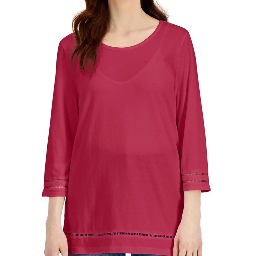 (L) $36.50|Karen Scott Lattice-Trim Top, Raspberry Wine